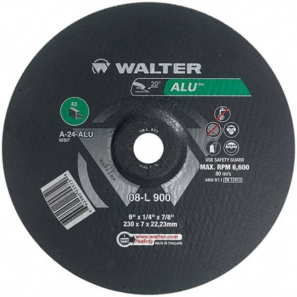 WALTER Surface Technologies - 24 Grit, 9" Wheel Diam, 1/4" Wheel Thickness, 7/8" Arbor Hole, Type 27 Depressed Center Wheel - Aluminum Oxide, Resinoid Bond, 6,600 Max RPM - Americas Industrial Supply