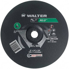 WALTER Surface Technologies - 24 Grit, 9" Wheel Diam, 1/4" Wheel Thickness, 7/8" Arbor Hole, Type 27 Depressed Center Wheel - Aluminum Oxide, Resinoid Bond, 6,600 Max RPM - Americas Industrial Supply