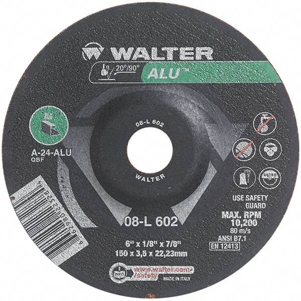 WALTER Surface Technologies - 24 Grit, 6" Wheel Diam, 1/8" Wheel Thickness, 7/8" Arbor Hole, Type 27 Depressed Center Wheel - Aluminum Oxide, Resinoid Bond, 10,200 Max RPM - Americas Industrial Supply