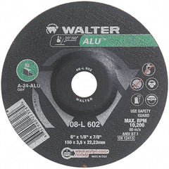 WALTER Surface Technologies - 24 Grit, 6" Wheel Diam, 1/8" Wheel Thickness, 7/8" Arbor Hole, Type 27 Depressed Center Wheel - Aluminum Oxide, Resinoid Bond, 10,200 Max RPM - Americas Industrial Supply