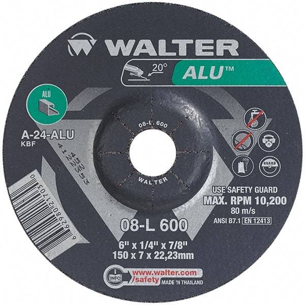 WALTER Surface Technologies - 24 Grit, 6" Wheel Diam, 1/4" Wheel Thickness, 7/8" Arbor Hole, Type 27 Depressed Center Wheel - Aluminum Oxide, Resinoid Bond, 10,200 Max RPM - Americas Industrial Supply