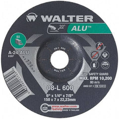 WALTER Surface Technologies - 24 Grit, 6" Wheel Diam, 1/4" Wheel Thickness, 7/8" Arbor Hole, Type 27 Depressed Center Wheel - Aluminum Oxide, Resinoid Bond, 10,200 Max RPM - Americas Industrial Supply