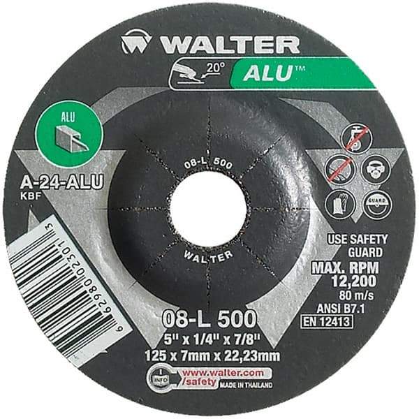 WALTER Surface Technologies - 24 Grit, 5" Wheel Diam, 1/4" Wheel Thickness, 7/8" Arbor Hole, Type 27 Depressed Center Wheel - Aluminum Oxide, Resinoid Bond, 12,200 Max RPM - Americas Industrial Supply