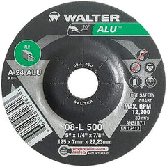 WALTER Surface Technologies - 24 Grit, 5" Wheel Diam, 1/4" Wheel Thickness, 7/8" Arbor Hole, Type 27 Depressed Center Wheel - Aluminum Oxide, Resinoid Bond, 12,200 Max RPM - Americas Industrial Supply