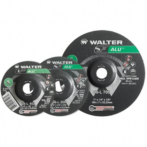 WALTER Surface Technologies - 24 Grit, 4-1/2" Wheel Diam, 1/4" Wheel Thickness, Type 27 Depressed Center Wheel - Aluminum Oxide, Resinoid Bond, 13,300 Max RPM - Americas Industrial Supply