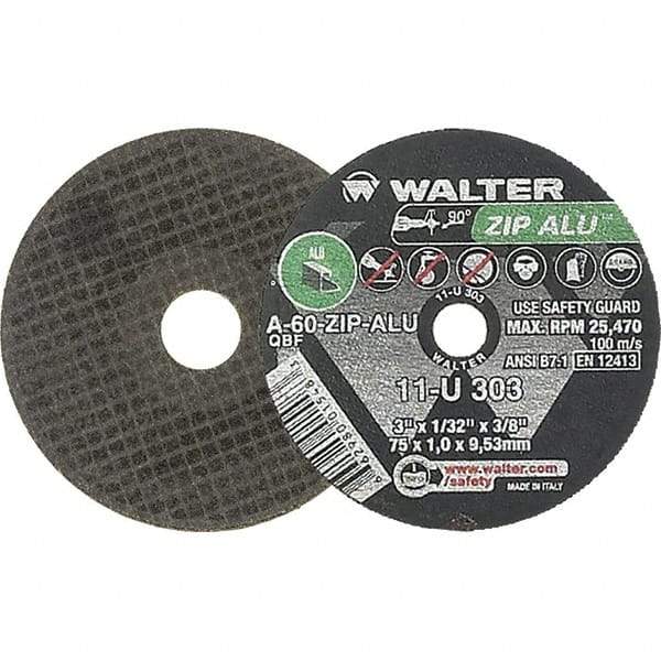 WALTER Surface Technologies - 3" 60 Grit Aluminum Oxide Cutoff Wheel - 1/32" Thick, 3/8" Arbor, 25,470 Max RPM, Use with Die Grinders - Americas Industrial Supply