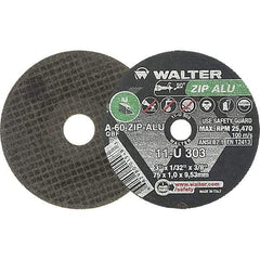 WALTER Surface Technologies - 3" 60 Grit Aluminum Oxide Cutoff Wheel - 1/32" Thick, 3/8" Arbor, 25,470 Max RPM, Use with Die Grinders - Americas Industrial Supply