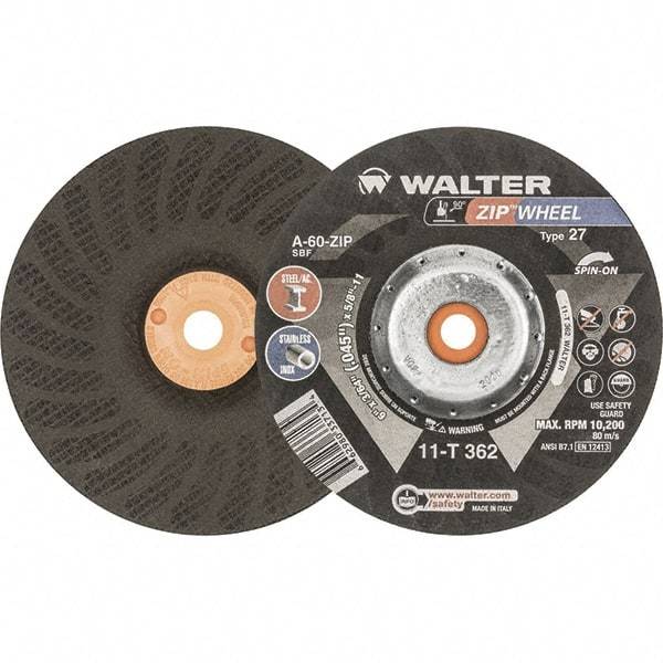 WALTER Surface Technologies - 60 Grit, 6" Wheel Diam, 3/64" Wheel Thickness, Type 27 Depressed Center Wheel - Resinoid Bond, 10,200 Max RPM - Americas Industrial Supply