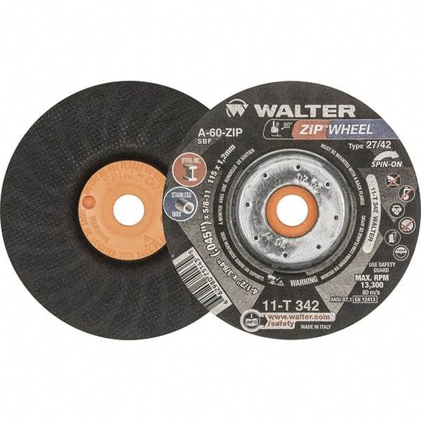 WALTER Surface Technologies - 60 Grit, 4-1/2" Wheel Diam, 3/64" Wheel Thickness, Type 27 Depressed Center Wheel - Resinoid Bond, 13,300 Max RPM - Americas Industrial Supply
