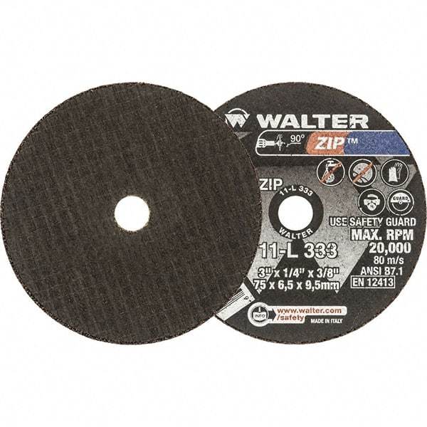 WALTER Surface Technologies - 3" 24 Grit Aluminum Oxide Cutoff Wheel - 1/4" Thick, 3/8" Arbor, 25,470 Max RPM, Use with Die Grinders - Americas Industrial Supply
