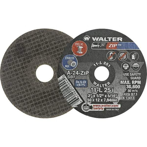 WALTER Surface Technologies - 2" 24 Grit Aluminum Oxide Cutoff Wheel - 1/2" Thick, 5/16" Arbor, 31,000 Max RPM, Use with Die Grinders - Americas Industrial Supply