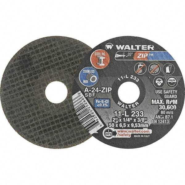 WALTER Surface Technologies - 2" 24 Grit Aluminum Oxide Cutoff Wheel - 1/4" Thick, 3/8" Arbor, 31,000 Max RPM, Use with Die Grinders - Americas Industrial Supply