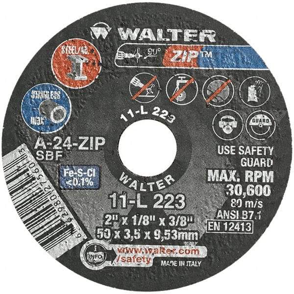 WALTER Surface Technologies - 2" 24 Grit Aluminum Oxide Cutoff Wheel - 1/8" Thick, 3/8" Arbor, 31,000 Max RPM, Use with Die Grinders - Americas Industrial Supply