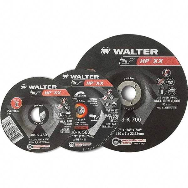 WALTER Surface Technologies - 16 Grit, 9" Wheel Diam, 1/4" Wheel Thickness, Type 28 Depressed Center Wheel - Aluminum Oxide, Resinoid Bond, 6,600 Max RPM - Americas Industrial Supply