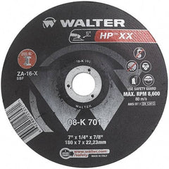 WALTER Surface Technologies - 16 Grit, 7" Wheel Diam, 1/4" Wheel Thickness, 7/8" Arbor Hole, Type 28 Depressed Center Wheel - Aluminum Oxide, Resinoid Bond, 8,600 Max RPM - Americas Industrial Supply