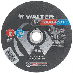 WALTER Surface Technologies - 7" 30 Grit Aluminum Oxide Cutoff Wheel - 3/32" Thick, 7/8" Arbor, 8,600 Max RPM, Use with Angle Grinders - Americas Industrial Supply