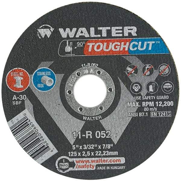 WALTER Surface Technologies - 5" 30 Grit Aluminum Oxide Cutoff Wheel - 3/32" Thick, 7/8" Arbor, 12,200 Max RPM, Use with Angle Grinders - Americas Industrial Supply