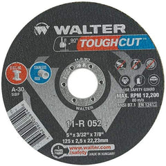 WALTER Surface Technologies - 5" 30 Grit Aluminum Oxide Cutoff Wheel - 3/32" Thick, 7/8" Arbor, 12,200 Max RPM, Use with Angle Grinders - Americas Industrial Supply