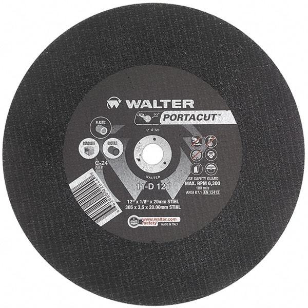 WALTER Surface Technologies - 12" 24 Grit Aluminum Oxide Cutoff Wheel - 1/8" Thick, 20mm Arbor, 6,300 Max RPM, Use with Electric & Gas Powered Saws - Americas Industrial Supply