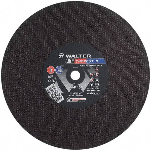 WALTER Surface Technologies - 16" 30 Grit Aluminum Oxide Cutoff Wheel - 7/64" Thick, 1" Arbor, 3,800 Max RPM, Use with Chop Saws - Americas Industrial Supply