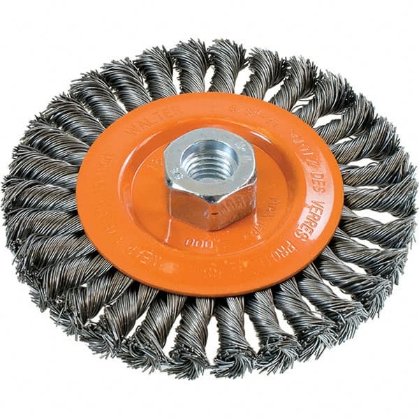 WALTER Surface Technologies - 5" OD, 5/8-11 Arbor Hole, Knotted Steel Wheel Brush - 3/8" Face Width, 0.02" Filament Diam, 15,000 RPM - Americas Industrial Supply