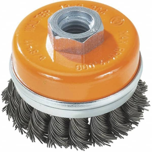 WALTER Surface Technologies - 3" Diam, M14x2.00 Threaded Arbor, Steel Fill Cup Brush - 0.02 Wire Diam, 12,000 Max RPM - Americas Industrial Supply