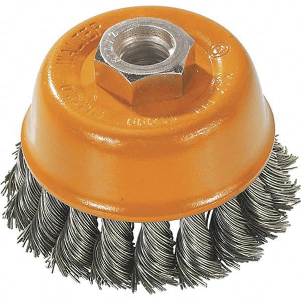 WALTER Surface Technologies - 3" Diam, 1/2-13 Threaded Arbor, Steel Fill Cup Brush - 0.015 Wire Diam, 12,000 Max RPM - Americas Industrial Supply