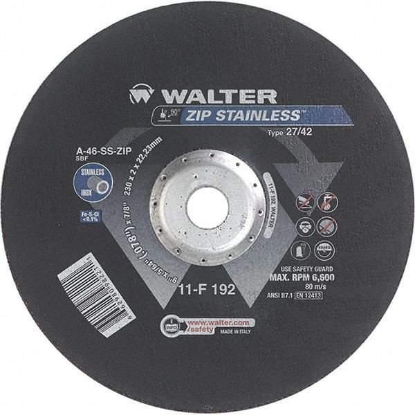WALTER Surface Technologies - 46 Grit, 9" Wheel Diam, 5/64" Wheel Thickness, 7/8" Arbor Hole, Type 27 Depressed Center Wheel - Aluminum Oxide/Silicon Carbide Blend, Resinoid Bond, 6,600 Max RPM - Americas Industrial Supply