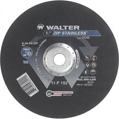 WALTER Surface Technologies - 46 Grit, 9" Wheel Diam, 5/64" Wheel Thickness, 7/8" Arbor Hole, Type 27 Depressed Center Wheel - Aluminum Oxide/Silicon Carbide Blend, Resinoid Bond, 6,600 Max RPM - Americas Industrial Supply