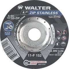 WALTER Surface Technologies - 60 Grit, 5" Wheel Diam, 3/64" Wheel Thickness, 7/8" Arbor Hole, Type 27 Depressed Center Wheel - Aluminum Oxide/Silicon Carbide Blend, Resinoid Bond, 12,200 Max RPM - Americas Industrial Supply