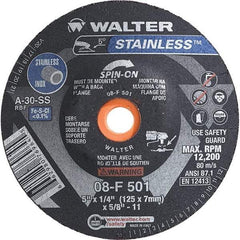 WALTER Surface Technologies - 30 Grit, 5" Wheel Diam, 1/4" Wheel Thickness, Type 28 Depressed Center Wheel - Aluminum Oxide, Resinoid Bond, 12,200 Max RPM - Americas Industrial Supply