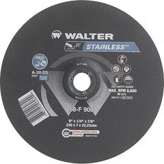 WALTER Surface Technologies - 30 Grit, 9" Wheel Diam, 1/4" Wheel Thickness, 7/8" Arbor Hole, Type 27 Depressed Center Wheel - Aluminum Oxide, Resinoid Bond, 6,600 Max RPM - Americas Industrial Supply