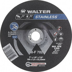 WALTER Surface Technologies - 30 Grit, 7" Wheel Diam, 1/8" Wheel Thickness, 7/8" Arbor Hole, Type 27 Depressed Center Wheel - Aluminum Oxide, Resinoid Bond, 8,600 Max RPM - Americas Industrial Supply