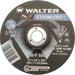 WALTER Surface Technologies - 30 Grit, 6" Wheel Diam, 1/4" Wheel Thickness, 7/8" Arbor Hole, Type 27 Depressed Center Wheel - Aluminum Oxide, Resinoid Bond, 10,200 Max RPM - Americas Industrial Supply