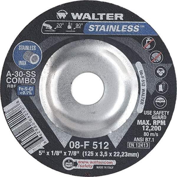 WALTER Surface Technologies - 30 Grit, 5" Wheel Diam, 1/8" Wheel Thickness, 7/8" Arbor Hole, Type 27 Depressed Center Wheel - Aluminum Oxide, Resinoid Bond, 12,200 Max RPM - Americas Industrial Supply