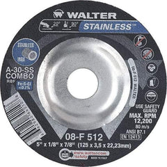 WALTER Surface Technologies - 30 Grit, 5" Wheel Diam, 1/8" Wheel Thickness, 7/8" Arbor Hole, Type 27 Depressed Center Wheel - Aluminum Oxide, Resinoid Bond, 12,200 Max RPM - Americas Industrial Supply