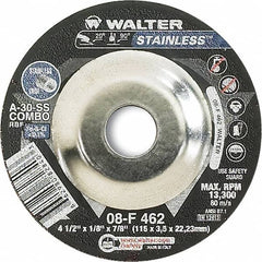 WALTER Surface Technologies - 30 Grit, 4-1/2" Wheel Diam, 1/8" Wheel Thickness, 7/8" Arbor Hole, Type 27 Depressed Center Wheel - Aluminum Oxide, Resinoid Bond, 13,300 Max RPM - Americas Industrial Supply