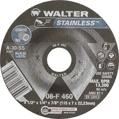 WALTER Surface Technologies - 30 Grit, 4-1/2" Wheel Diam, 1/4" Wheel Thickness, 7/8" Arbor Hole, Type 27 Depressed Center Wheel - Aluminum Oxide, Resinoid Bond, 13,300 Max RPM - Americas Industrial Supply