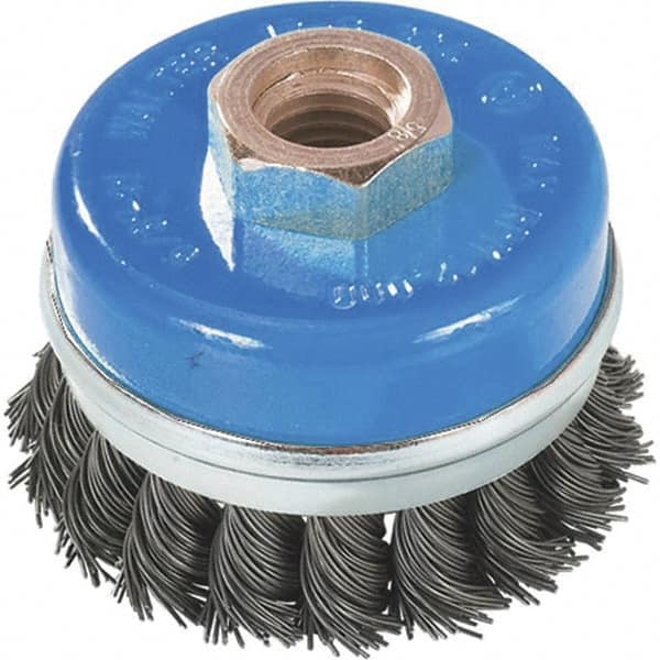 WALTER Surface Technologies - 3" Diam, M14x2.00 Threaded Arbor, Stainless Steel Fill Cup Brush - 0.02 Wire Diam, 12,000 Max RPM - Americas Industrial Supply