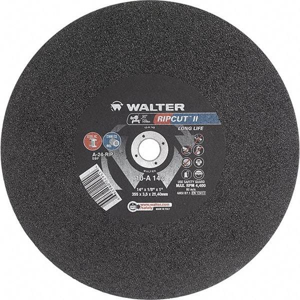 WALTER Surface Technologies - 14" 24 Grit Aluminum Oxide Cutoff Wheel - 1/8" Thick, 1" Arbor, 4,400 Max RPM, Use with Stationary Tools - Americas Industrial Supply