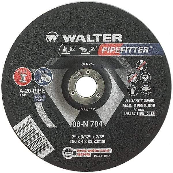 WALTER Surface Technologies - 20 Grit, 7" Wheel Diam, 5/32" Wheel Thickness, 7/8" Arbor Hole, Type 27 Depressed Center Wheel - Aluminum Oxide/Silicon Carbide Blend, Resinoid Bond, 8,600 Max RPM - Americas Industrial Supply