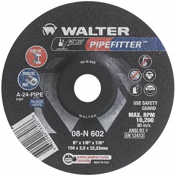 WALTER Surface Technologies - 24 Grit, 6" Wheel Diam, 1/8" Wheel Thickness, 7/8" Arbor Hole, Type 27 Depressed Center Wheel - Aluminum Oxide/Silicon Carbide Blend, Resinoid Bond, 10,200 Max RPM, Compatible with Angle Grinder - Americas Industrial Supply