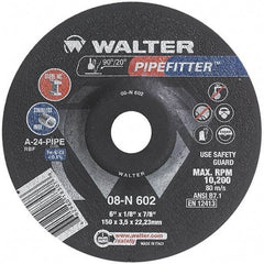 WALTER Surface Technologies - 24 Grit, 6" Wheel Diam, 1/8" Wheel Thickness, 7/8" Arbor Hole, Type 27 Depressed Center Wheel - Aluminum Oxide/Silicon Carbide Blend, Resinoid Bond, 10,200 Max RPM, Compatible with Angle Grinder - Americas Industrial Supply