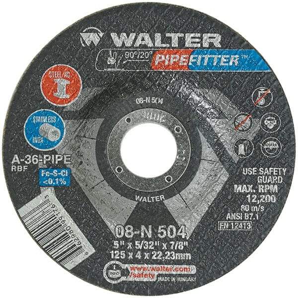 WALTER Surface Technologies - 36 Grit, 5" Wheel Diam, 5/32" Wheel Thickness, 7/8" Arbor Hole, Type 27 Depressed Center Wheel - Aluminum Oxide/Silicon Carbide Blend, Resinoid Bond, 12,200 Max RPM - Americas Industrial Supply