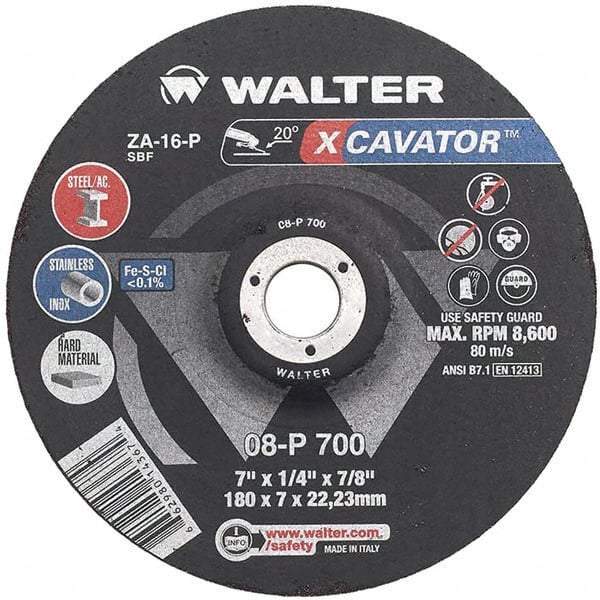 WALTER Surface Technologies - 16 Grit, 9" Wheel Diam, 1/4" Wheel Thickness, Type 27 Depressed Center Wheel - Aluminum Oxide, Resinoid Bond, 6,600 Max RPM - Americas Industrial Supply