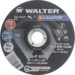 WALTER Surface Technologies - 16 Grit, 6" Wheel Diam, 1/4" Wheel Thickness, 7/8" Arbor Hole, Type 27 Depressed Center Wheel - Aluminum Oxide, Resinoid Bond, 10,200 Max RPM - Americas Industrial Supply