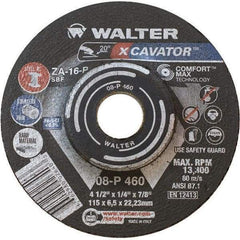 WALTER Surface Technologies - 16 Grit, 4-1/2" Wheel Diam, 1/4" Wheel Thickness, 7/8" Arbor Hole, Type 27 Depressed Center Wheel - Aluminum Oxide, Resinoid Bond, 13,300 Max RPM - Americas Industrial Supply