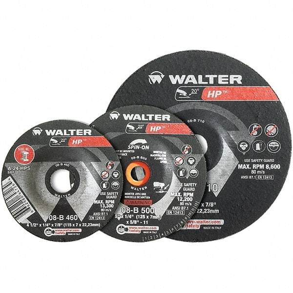 WALTER Surface Technologies - 24 Grit, 9" Wheel Diam, 1/4" Wheel Thickness, Type 28 Depressed Center Wheel - Aluminum Oxide, Resinoid Bond, 6,600 Max RPM - Americas Industrial Supply