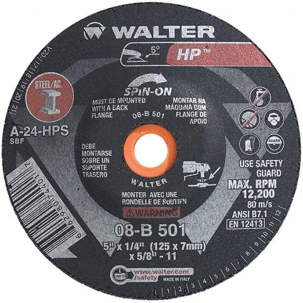 WALTER Surface Technologies - 24 Grit, 5" Wheel Diam, 1/4" Wheel Thickness, Type 28 Depressed Center Wheel - Aluminum Oxide, Resinoid Bond, 12,200 Max RPM - Americas Industrial Supply