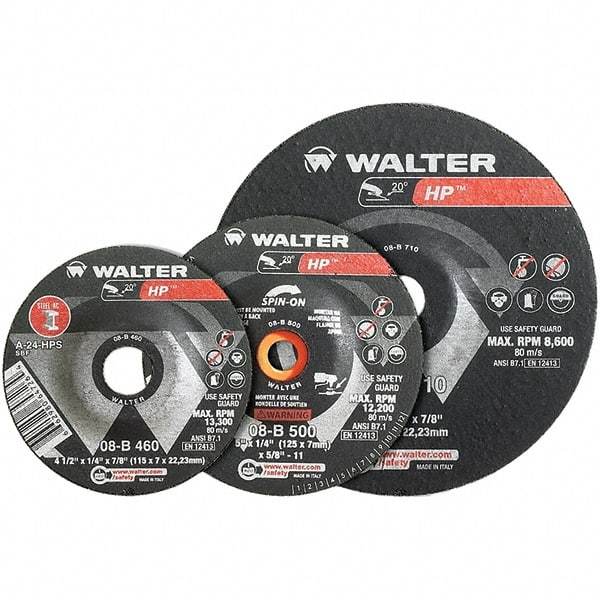 WALTER Surface Technologies - 24 Grit, 5" Wheel Diam, 1/4" Wheel Thickness, Type 27 Depressed Center Wheel - Aluminum Oxide, Resinoid Bond, 12,200 Max RPM - Americas Industrial Supply